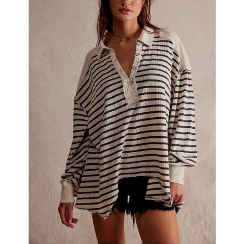 Free People Cream and Black Striped Long Sleeve Henley Tee
